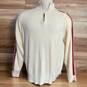Dockers Ivory 1/4 Zip Cotton Sweater Contrast Red Side Double Stripe Long Sleeve
